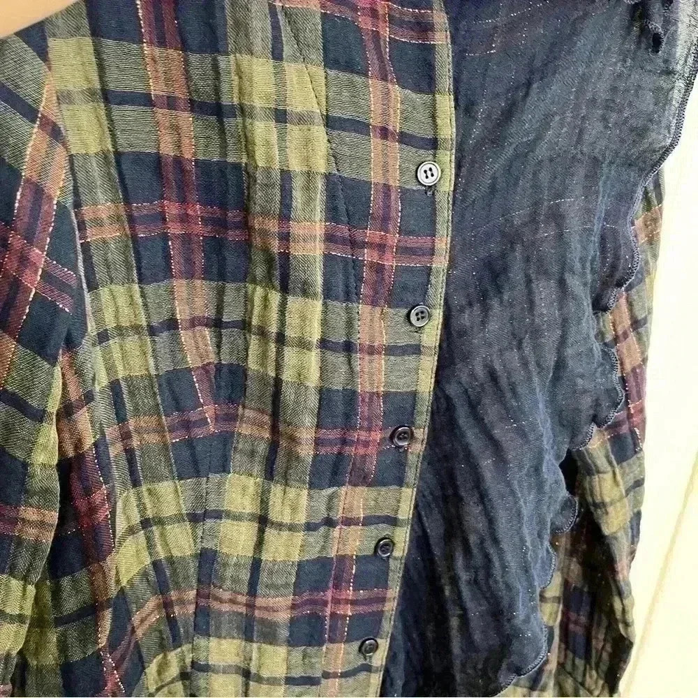 FINLEY Plaid Ruffle Button Down with Gold Thread | size small - Picture 6 of 9